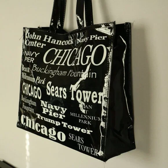 Chicago Landmark Vinyl Tote Bag, Shopping Bag, Souvenir Tote, Black and White - Picture 1 of 10